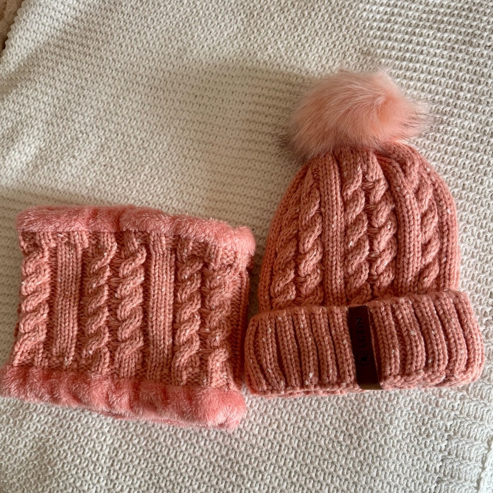 Knit Pink Beanie with Matching Neck Scarf